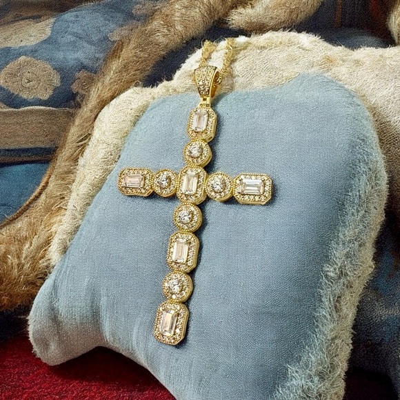 Elegant Gold Over Sterling CZ Cross Pendant Necklace - Picture 2 of 15